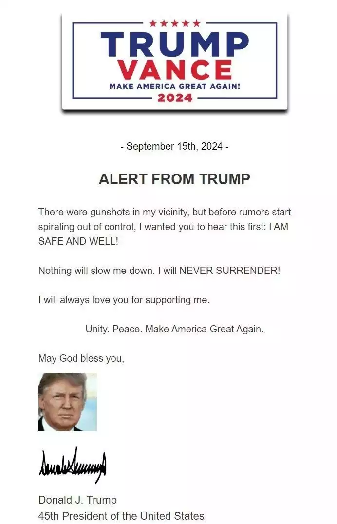 Trump's Press Release on September 15 After Second Assassination Attempt in the Past Two Months Trump's Press Release on September 15 After Second Assassination Attempt in the Past Two Months